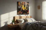 Seated figure in vivid yellow jacket with headphones, plants and boombox, bold graphic digital art canvas for living room