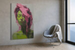 Bold female figure portrait in vivid yellow-green and pink dripping paint, expressive oil painting canvas for living room