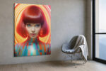 Bold female portrait with red bob and concentric halo rings in vivid red and amber, digital art canvas for living room