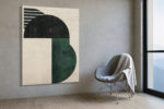 Bold geometric abstract with black semicircle, striped arc, and forest green form on textured off-white canvas wall art