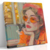 Woman in red beret and orange sunglasses at cafu00e9 booth, warm amber mixed-media portrait canvas for living room