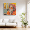 Woman in red beret and orange sunglasses at cafu00e9 booth, warm amber mixed-media portrait canvas for living room