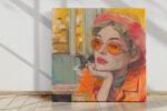 Woman in red beret and orange sunglasses at cafu00e9 booth, warm amber mixed-media portrait canvas for living room