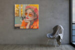 Woman in red beret and orange sunglasses at cafu00e9 booth, warm amber mixed-media portrait canvas for living room