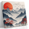 Layered mountain ridges and red sun in cream and slate blue, japandi landscape wall art canvas for living room