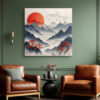Layered mountain ridges and red sun in cream and slate blue, japandi landscape wall art canvas for living room