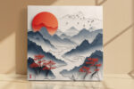Layered mountain ridges and red sun in cream and slate blue, japandi landscape wall art canvas for living room