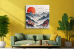 Layered mountain ridges and red sun in cream and slate blue, japandi landscape wall art canvas for living room