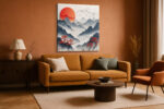 Layered mountain ridges and red sun in cream and slate blue, japandi landscape wall art canvas for living room