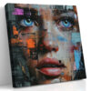 Fractured female portrait with sky-blue eyes and burnt orange tones, bold abstract mixed media canvas wall art