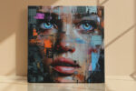 Fractured female portrait with sky-blue eyes and burnt orange tones, bold abstract mixed media canvas wall art