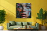 Fractured female portrait with sky-blue eyes and burnt orange tones, bold abstract mixed media canvas wall art