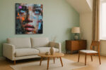 Fractured female portrait with sky-blue eyes and burnt orange tones, bold abstract mixed media canvas wall art