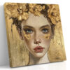 Female portrait with gold floral crown in warm gold and sand beige, mixed-media romantic canvas wall art