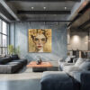 Female portrait with gold floral crown in warm gold and sand beige, mixed-media romantic canvas wall art