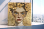 Female portrait with gold floral crown in warm gold and sand beige, mixed-media romantic canvas wall art