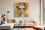 Female portrait with gold floral crown in warm gold and sand beige, mixed-media romantic canvas wall art