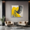 Bold yellow brushstroke and spiraling black arc, high-contrast abstract acrylic wall art canvas for living room