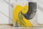 Bold yellow brushstroke and spiraling black arc, high-contrast abstract acrylic wall art canvas for living room