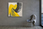 Bold yellow brushstroke and spiraling black arc, high-contrast abstract acrylic wall art canvas for living room