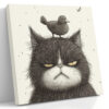 Fine-line ink illustration of a fluffy cat with a bird on its head, monochrome wall art canvas for living room