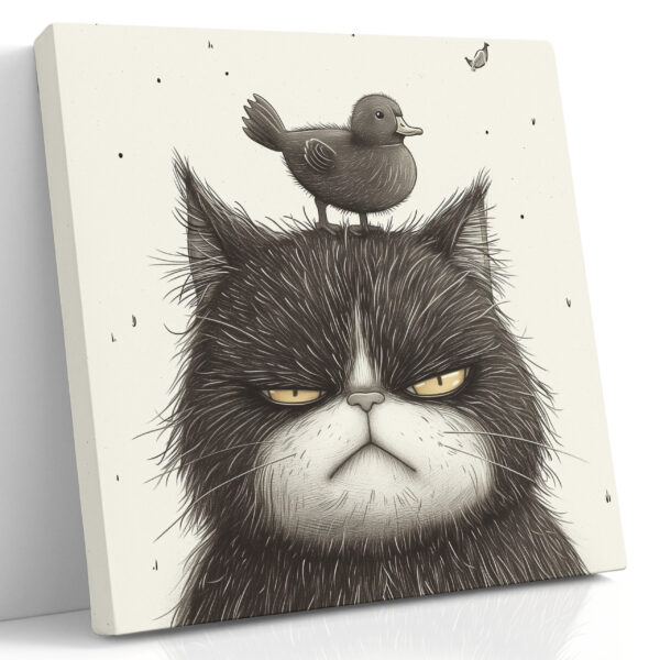 Contented Cat & Sparrow Ink Illustration Canvas Print