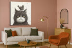 Fine-line ink illustration of a fluffy cat with a bird on its head, monochrome wall art canvas for living room