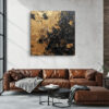 Bold gold and black abstract impasto oil painting, dramatic palette knife canvas for living room or industrial home office