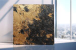 Bold gold and black abstract impasto oil painting, dramatic palette knife canvas for living room or industrial home office