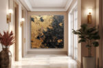 Bold gold and black abstract impasto oil painting, dramatic palette knife canvas for living room or industrial home office