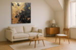 Bold gold and black abstract impasto oil painting, dramatic palette knife canvas for living room or industrial home office