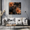 Luminous dark floral with burnt orange stamens and gold splatters, moody bohemian digital art canvas for living room