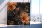 Luminous dark floral with burnt orange stamens and gold splatters, moody bohemian digital art canvas for living room