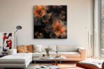 Luminous dark floral with burnt orange stamens and gold splatters, moody bohemian digital art canvas for living room
