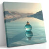 Spherical glass perfume bottle on a mirror-still alpine lake in pale teal and cream, surreal digital art canvas print