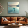 Spherical glass perfume bottle on a mirror-still alpine lake in pale teal and cream, surreal digital art canvas print