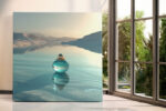 Spherical glass perfume bottle on a mirror-still alpine lake in pale teal and cream, surreal digital art canvas print
