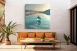 Spherical glass perfume bottle on a mirror-still alpine lake in pale teal and cream, surreal digital art canvas print