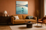 Spherical glass perfume bottle on a mirror-still alpine lake in pale teal and cream, surreal digital art canvas print