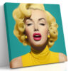 Hyper-stylized digital portrait of a woman with blonde curly hair and pink lips, bold teal and yellow pop-art canvas