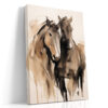 Two merging horse heads in warm tan and deep brown, expressive watercolor wall art canvas for bedroom