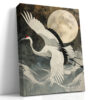 Red-crowned crane in flight before a full moon, dark slate and ivory gold tones, japandi wall art canvas for living room
