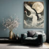 Red-crowned crane in flight before a full moon, dark slate and ivory gold tones, japandi wall art canvas for living room