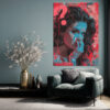 Woman's face beneath torn cyan blue layer, vivid crimson newspaper collage, bold portrait digital art canvas print