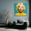 Hyper-stylized digital portrait of a woman with blonde curly hair and pink lips, bold teal and yellow pop-art canvas