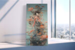 Female figure with lotus flowers and swirling mist, coral and teal digital art canvas print for bedroom or living room