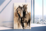 Two merging horse heads in warm tan and deep brown, expressive watercolor wall art canvas for bedroom