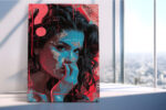 Woman's face beneath torn cyan blue layer, vivid crimson newspaper collage, bold portrait digital art canvas print