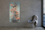 Female figure with lotus flowers and swirling mist, coral and teal digital art canvas print for bedroom or living room