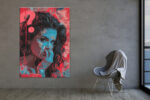 Woman's face beneath torn cyan blue layer, vivid crimson newspaper collage, bold portrait digital art canvas print